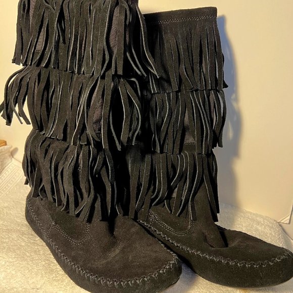 LC Lauren Conrad-Fringe Boots-Women's-3 Layers-Black Suede-Cloth under Fringe - Picture 2 of 14
